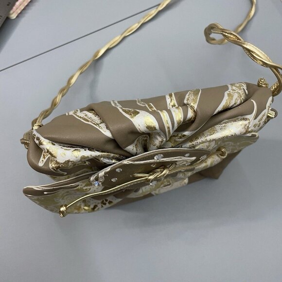 Vintage 80s Terry Toni Shoulder Bag Purse Hand Painted White Gold Leather Brown - Picture 9 of 16